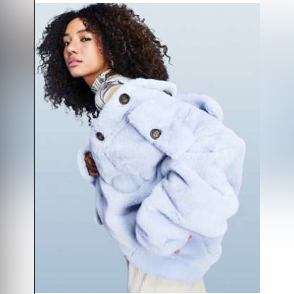 NWT- BABY BLUE SZ12-14 FAUX FUR
TRUCKER/BOMBER JACKET by ASOS